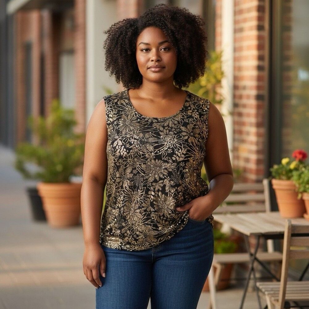 Laura Ashley Lace Sequin Top size XL Gold Floral Sleeveless Glam Evening Stretch